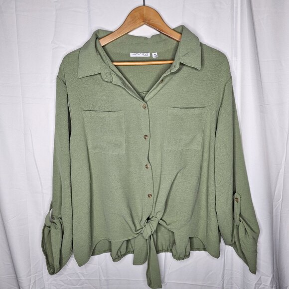 Notations Sage Green Button Down Blouse Roll Tab Sleeve Tie Front Plus Sz 3X - Picture 1 of 8
